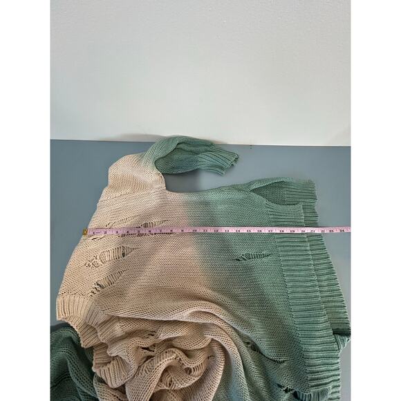 Fate Anthropologie distressed sweater size S cotton ombre tan turquoise crew - Picture 7 of 7